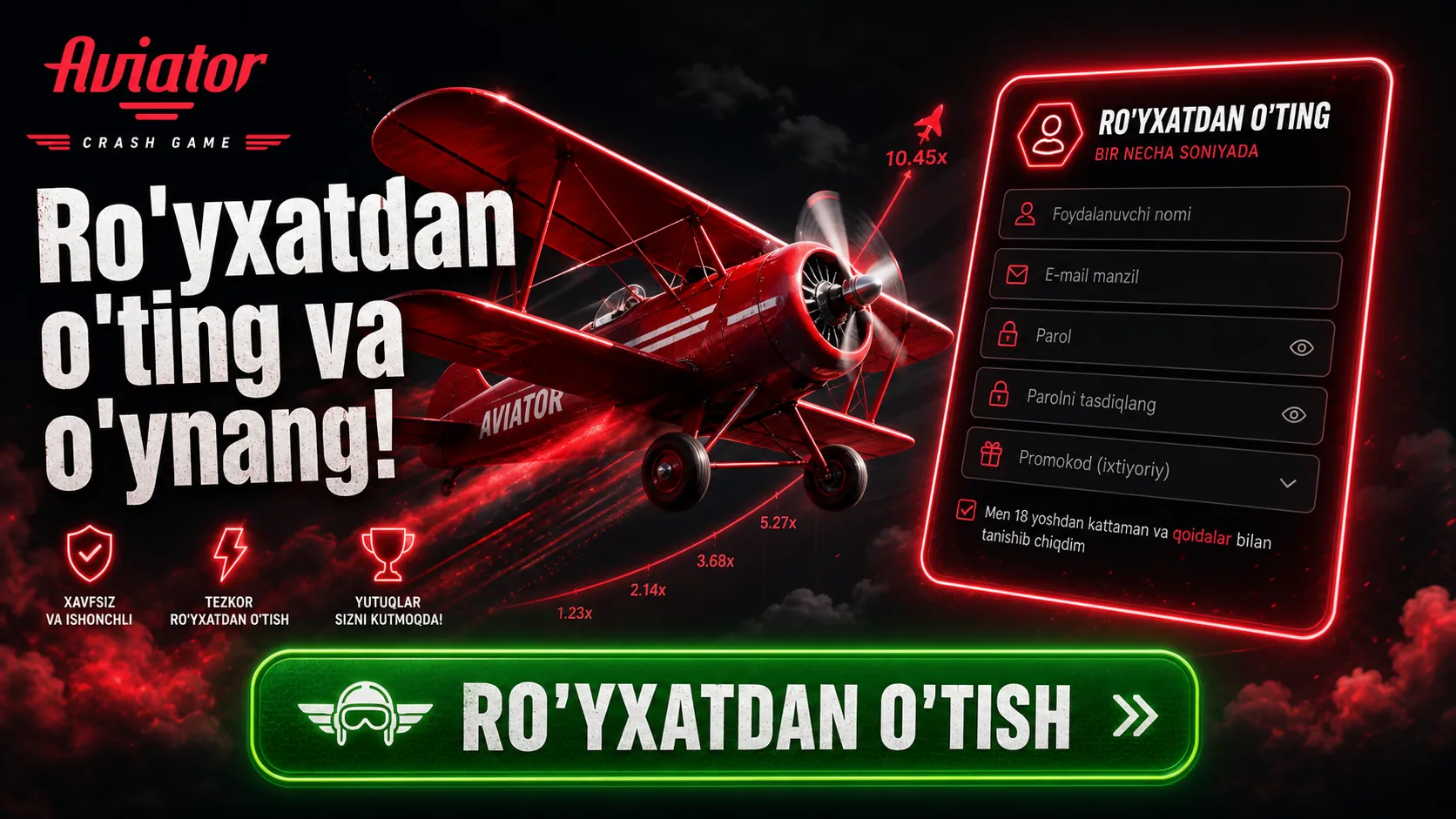 Aviator kazinoda ro'yxatdan o'tish bosqichlari O'zbekiston
